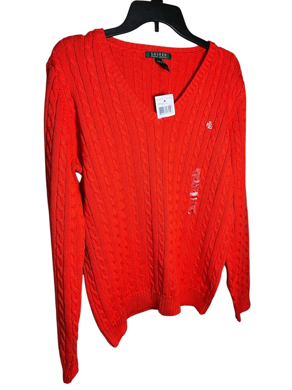 Ralph Lauren Lauren Sweater Womens XL Orange Cable Knit Cotton Ribbed Hem V Neck